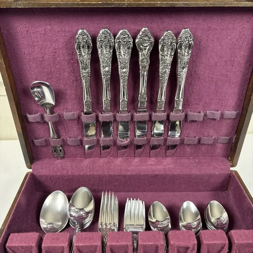 Vintage Kimco Stainless Steel Flatware Set Of 42 In Box Made In Korea Floral MCM